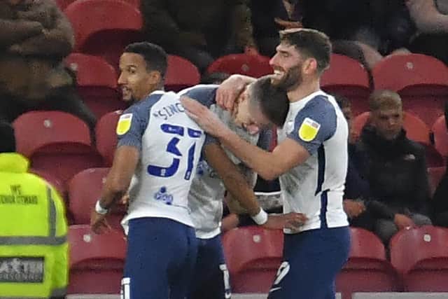 Emil Riis (centre) is congratulated after his winning goal at Middlesbrough on Tuesday