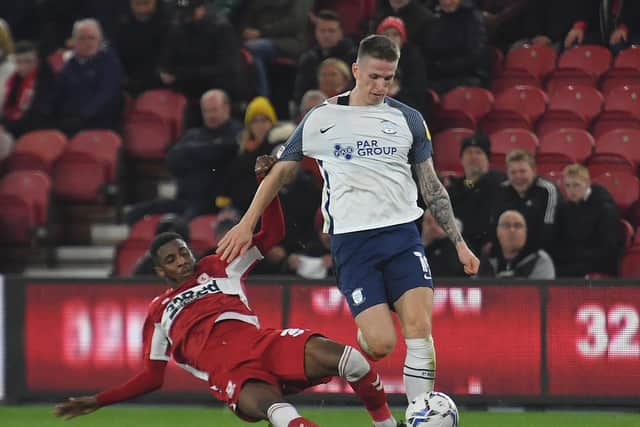 PNE striker Emil Riis gets the better of Middlesbrough wing-back Isaiah Jones
