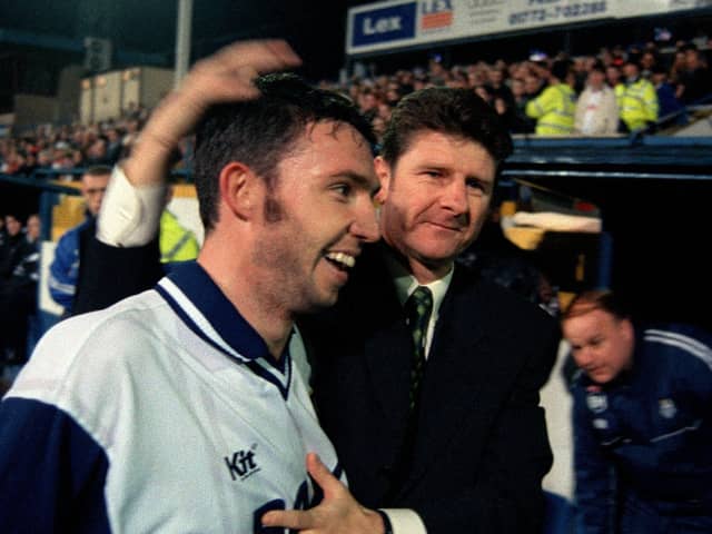 North End Manager Gary Peters congratulates hat-trick hero Lee Ashcroft