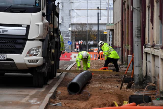 Work is under way on the stretch of Corporation Street that will eventually see a bus gate installed - but for now the priority is putting new bus stops in place (image: Neil Cross)