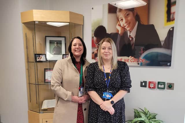 Kelly Fairbrother, the student health and wellbeing officer for St Cuthbert’s High School in Rochdale, with Kate Thomas, a trainee Educational Mental Health Practitioner from Thrive in Education, who works with the school.