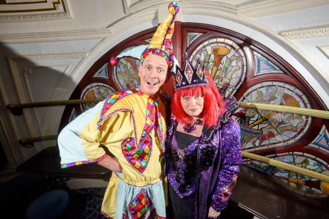 Steve Royle and Vicky Entwistle as Muddles and the Wicked Queen in the Blackpool Grand Theatre pantomime Snow White and the Seven Dwarfs.