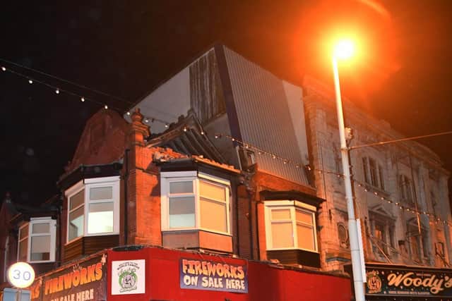 The partially collapsed building on the corner of Springfield Road and promenade in Blackpool.