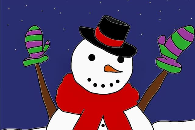 Card designed by Ava Jolliffe featuring a snowman wearing gloves in the green and purple Deafblind UK charity colours