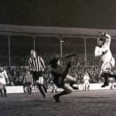 Preston North End player/manager Bobby Charlton has a shot in the FA Cup replay against Blyth Spartans in November 1974