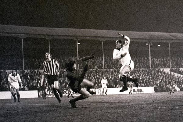 Preston North End player/manager Bobby Charlton has a shot in the FA Cup replay against Blyth Spartans in November 1974