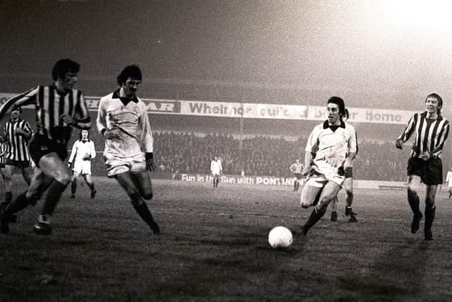 PNE strikers Mel Holden and Mike Elwiss in action against Blyth Spartans at Deepdale in November 1974