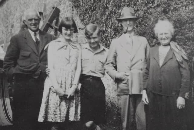 Evelyn's grandparents Christopher (left) and Emily (right) with Evelyn (second from left), Rudolf Schindler (centre), and Evelyn's father Christopher