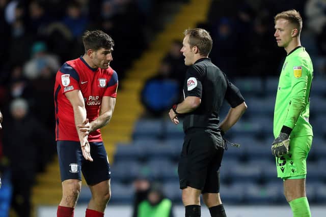 PNE striker Ched Evans appeals for handball to referee Gavin Ward late on at Ewood Park