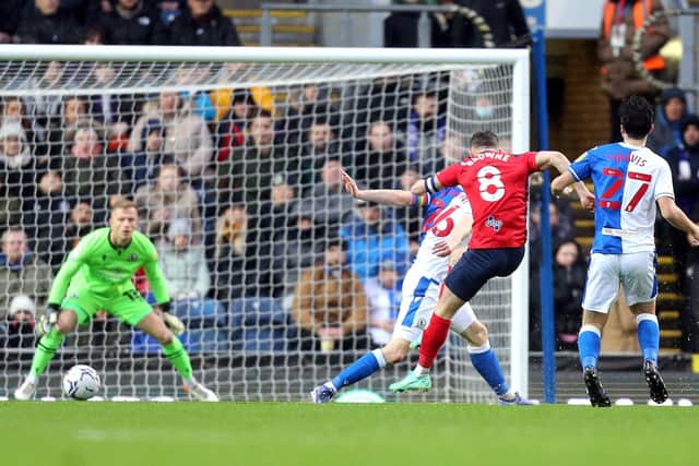 Alan Browne with an effort on goal early in the game at Ewood Park