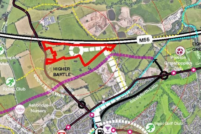 More than 230 homes will be built in the red-bordered area off Tabley Lane - 26 of which will "custom build" plots (image: Levitt Bernstein, via Preston City Council planning portal)