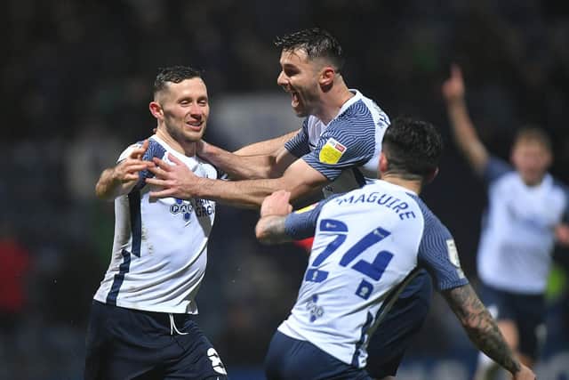 Alan Browne celebrates giving Preston North End the lead against Barnsley