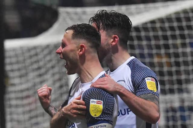 Alan Browne and Sean Maguire show their delight after Brown opens the scoring for PNE against Barnsley