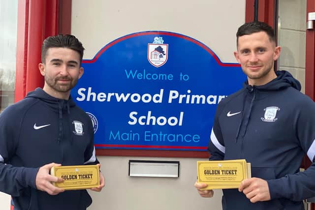 Sean Maguire and Alan Browne launch Preston North End's Golden Ticket campaign at Sherwood Primary School