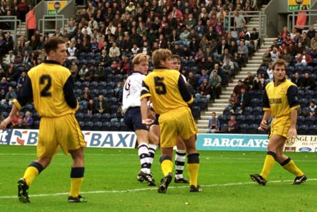 David Reeves heads home on his Preston North End home debut against Shrewsbury in October 1996
