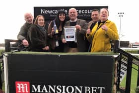 The Horses Mouth Racing Club, based in Leyland, enjoyed its first ever victory when the 10/1 Killane (pictured inset) won the 12.40 at Newcastle.  Club founder David Braithwaite  (centre) is pictured with some of the horse’s shareholders, from the left Terry Peat, Jane Hall, Kimberley Naylor, Simon Sellars and Janette Vickery.