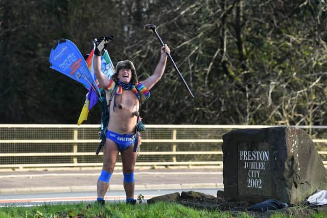 Speedo Mick celebrates his arrival in Preston     Photo: Neil Cross