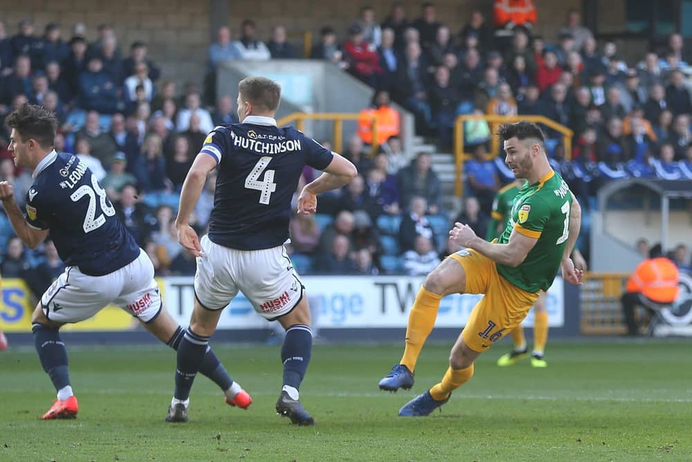 Andrew Hughes fires Preston North End into the lead at Millwall in February 2019