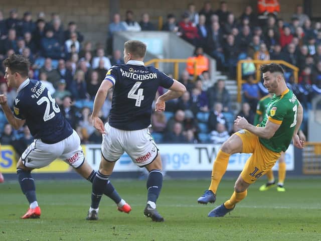Andrew Hughes fires Preston North End into the lead at Millwall in February 2019