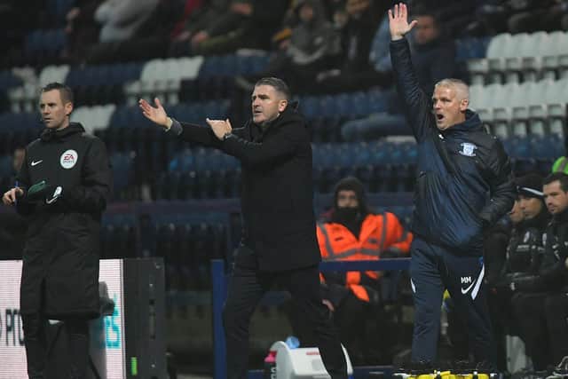 Preston North End manager Ryan Lowe and assistant Mike Marsh on the touchline at Deepdale
