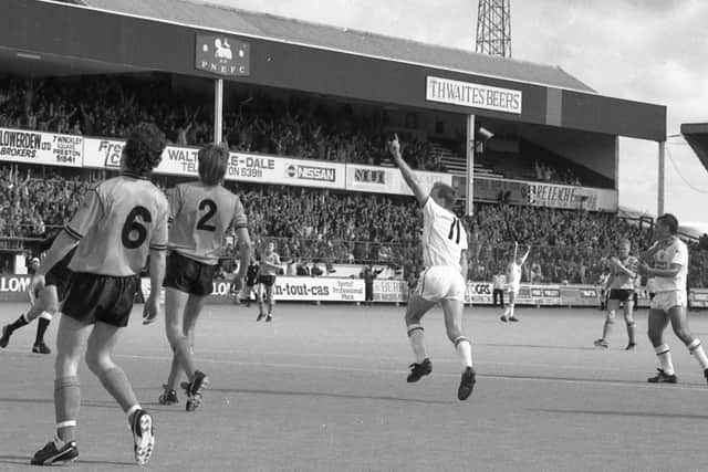 Mark Patterson celebrates scoring for North End against Wolves in May 1989