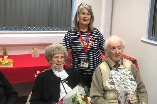 Galloway's sight loss advisor Pam Whitaker with Gwen and Jim Bell who are celebrating their 72nd wedding anniversary on Christmas Eve.