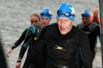 Ian pictured just days before his accident  at the end of his Epic swim in  Lake Windermere