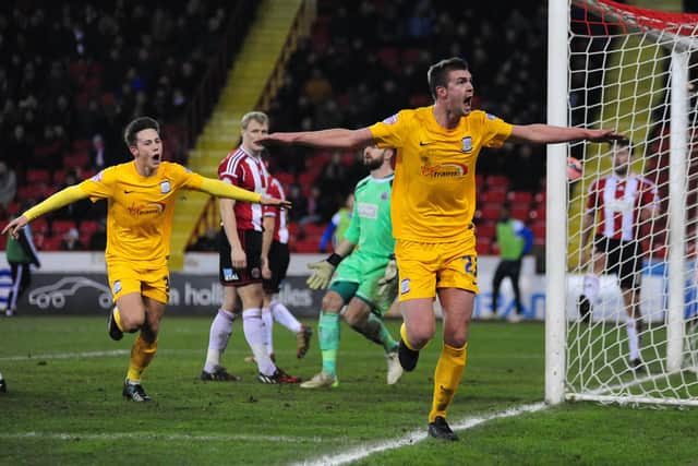 Paul Huntington celebrates after putting PNE 2-1 up in February 2015