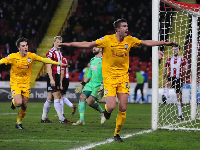 Paul Huntington celebrates after putting PNE 2-1 up in February 2015