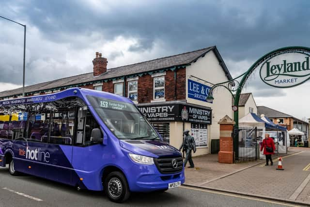 A Transdev ‘Little Hotline’ bus at Leyland Market. North-West bus operator Transdev is offering a flat £1 fare on on any journey on its buses across Lancashire and Greater Manchester this Boxing Day.