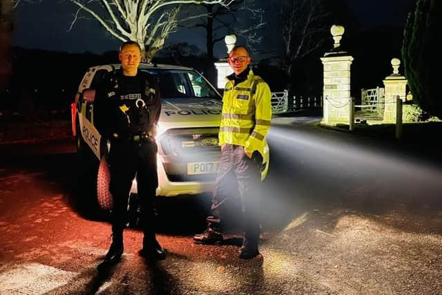 PC Matt Hartup of Lancashire Police’s Ribble Valley Rural Task Force (left) with Lancashire Police and Crime Commissioner Andrew Snowden. The task force joined forces with counterparts from North Yorkshire Police, the Environment Agency and other partners in a four-day crackdown on deer poaching in the Ribble Valley