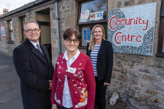 From left: Andy Millard (Sales Consultant, McCarthy Stone) Denise Nardone (Barton Road Community Centre manager) and Louise Lawrence-Flynn (Marketing manager, McCarthy and Stone) outside Barton Road community centre in Lancaster. Picture by Mark Harvey.