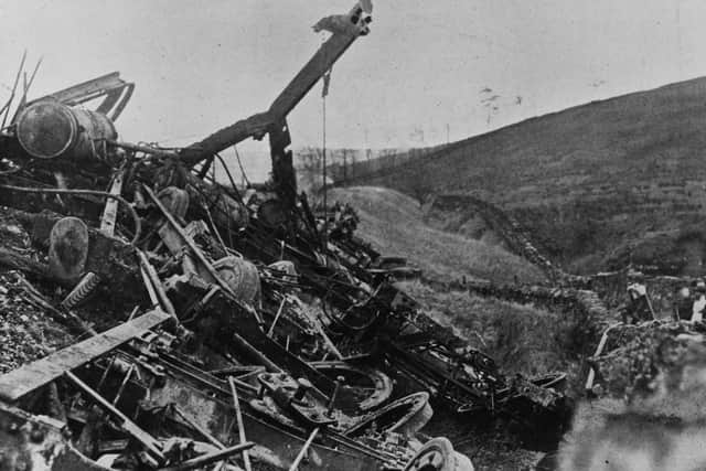 Burnt-out carriages of the Scotch express after the Hawes Junction Rail Crash December 24, 1910