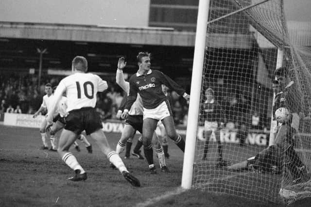 Graham Shaw scores PNE's second goal at Crewe on Boxing Day 1990