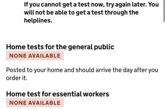 The Government website says there are no test kits available for home delivery, even for essential workers