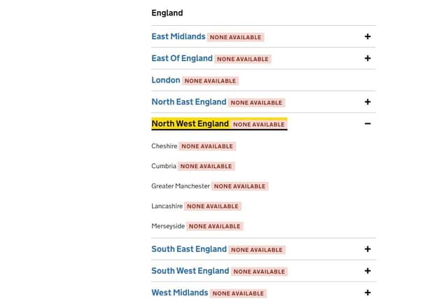 PCR tests are completely unavailable across Lancashire and the rest of England according to the Government's own website this morning (Wednesday, December 29)