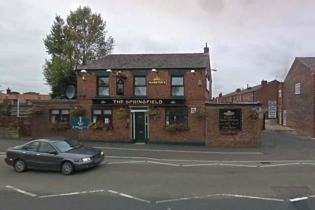 The assault happened at around 7pm in the beer garden of The Springfield pub, opposite the library, in Spendmore Lane, Coppull on Monday, December 27. Pic: Google