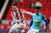 Mario Vrancic tracks Derby County’s Nathan Byrne during the Championship match at the bet365 Stadium last Thursday