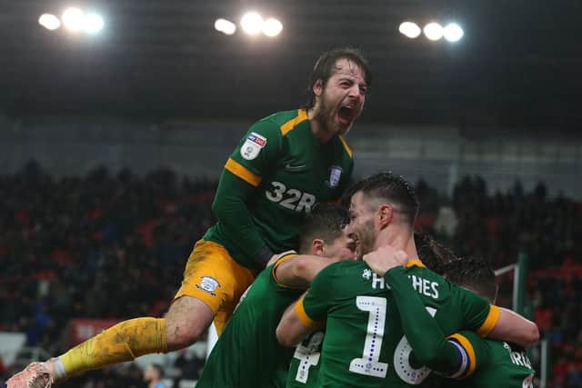 Preston North End celebrate their second goal at Stoke in January 2019