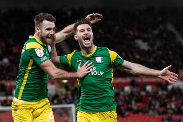 North End’s Andrew Hughes (right) celebrates scoring his side’s winning goal at Stoke