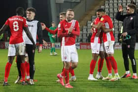 Morecambe celebrate their three points on Sunday