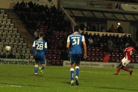 Toumani Diagouraga scores Morecambe's winning goal on Sunday