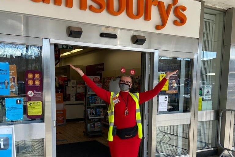Jenny Wait, new manager of Sainbury's, Bexhill got into the comic relief spirit and encouraged her staff with her amazing energy.