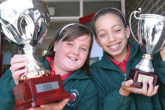Greenhaw Primary School pupils who collected awards at the school's annual prize-giving. Rebecca Gallagher (left), collected the Netball trophy and Jowena Halford, received The Endeavour cup.  (2806T02).