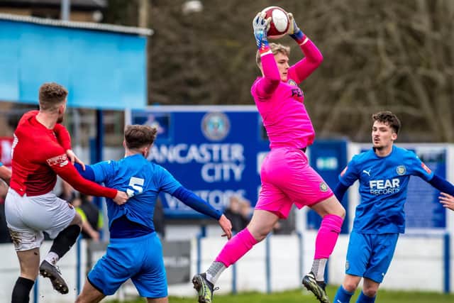 Match action from Lancaster City's 2-0 win over FC United of Manchester (photo: Phil Dawson)
