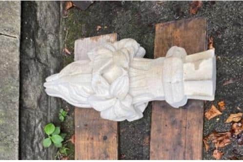 A newly carved replacement stone pinnacle. Photo by architect, Robert Harrington.