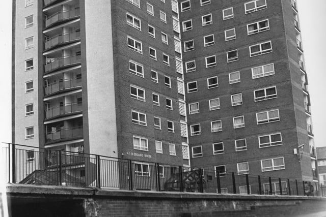 A view of Cumberland House - part of the Moor Lane flats complex - taken in 1989
