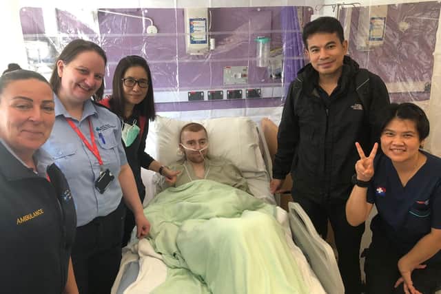 Josh Richardson, 24, from Chorley has returned home after nearly three months in a Thailand hospital after a motorcycle crash. He is now being cared for at Royal Preston Hospital