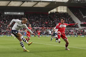 Preston North End's Brad Potts cross is blocked by Middlesbrough's Hayden Hackney