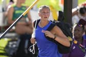 Holly Bradshaw leaves the track after her freak accident at the World Championships